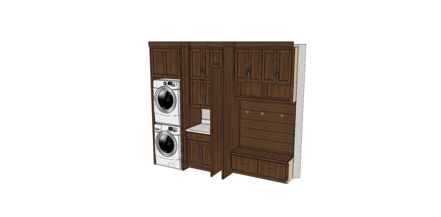 3D rendering of custom laundry and mudroom cabinetry with stacked washer and dryer, storage cabinets, bench seating, and built-in drawers.
