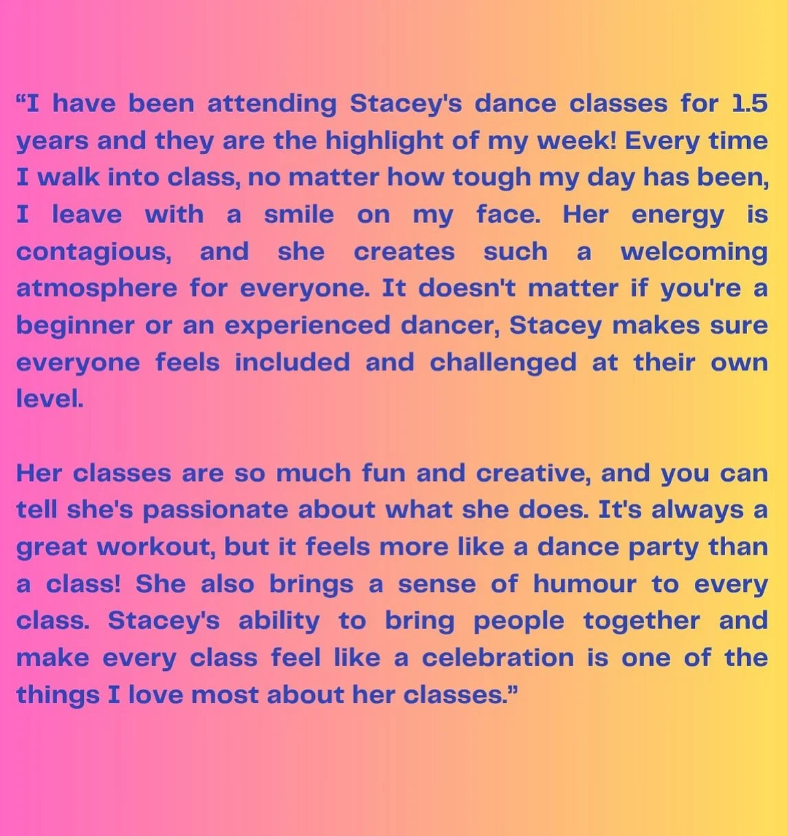 ✨ Huge love to @aimeeedash for this beautiful feedback! ✨
It means the world to know that class isn&rsquo;t just about dancing, but also about joy, community, and leaving with a smile. 💖 Whether you&rsquo;re brand new or a seasoned dancer, I want ev