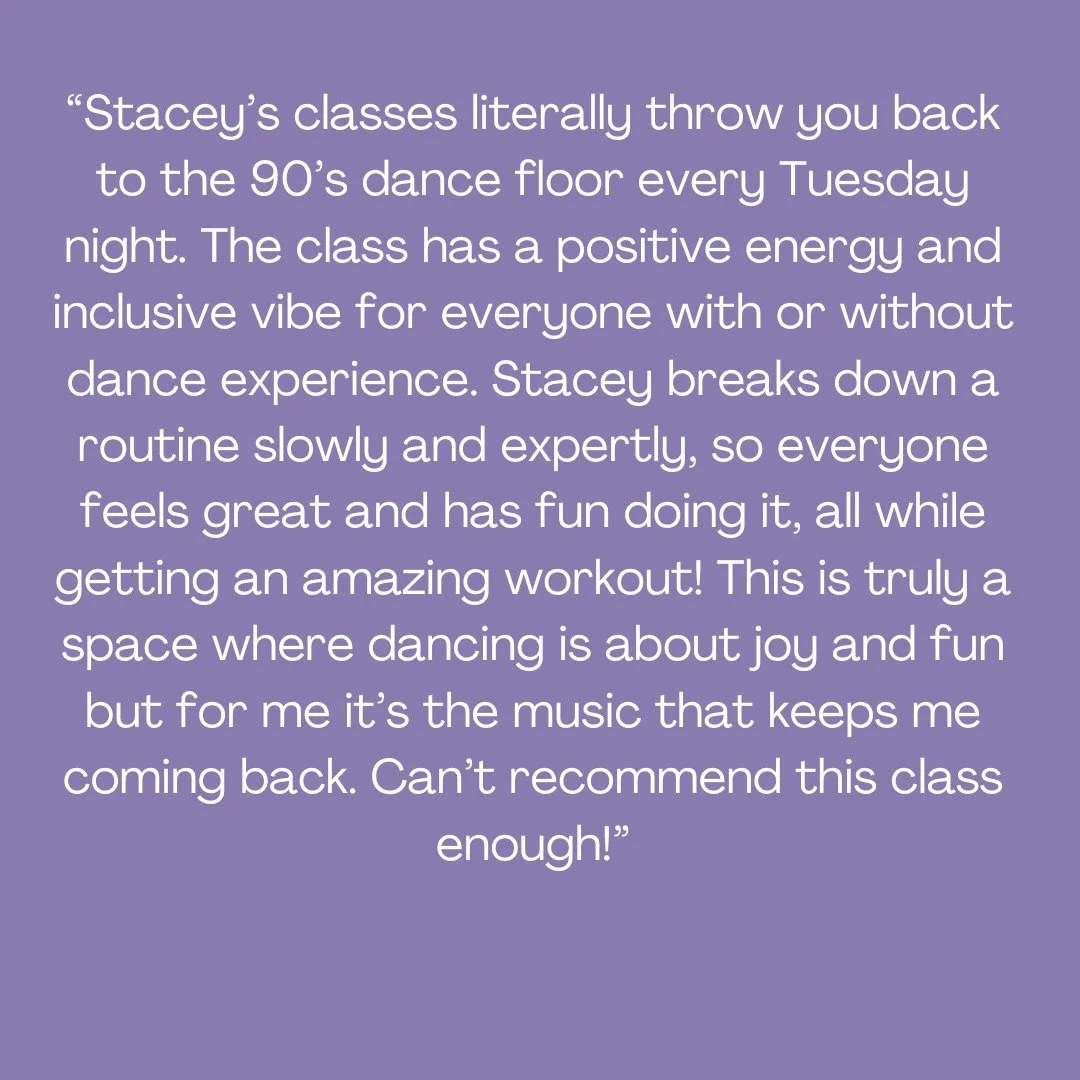 💜 &ldquo;Stacey&rsquo;s classes literally throw you back to the 90&rsquo;s dance floor!&rdquo; 💜

We couldn&rsquo;t have said it better ourselves - thanks @rachelkane2014.
If you&rsquo;re craving a fun, feel-good class that&rsquo;s all about music,