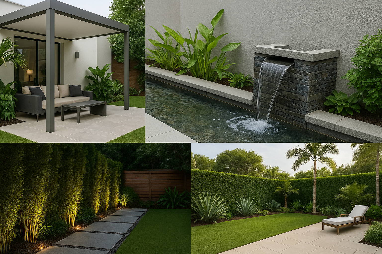 Collage showcasing tropical landscape services in Jamaica with modern patio design, water feature, garden lighting, and lush greenery.