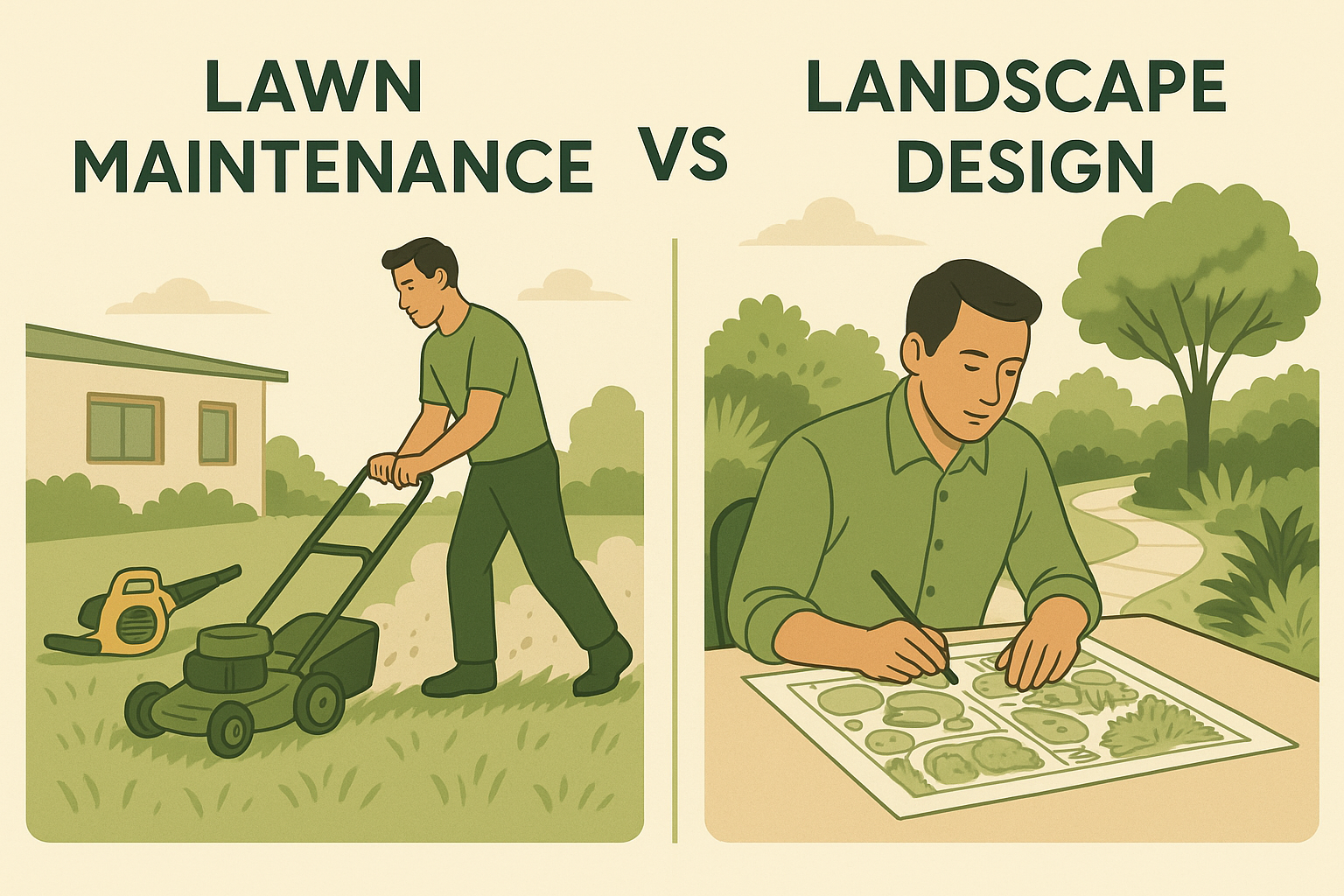 Illustration comparing lawn maintenance with a man mowing grass versus professional landscape design with a designer creating a detailed garden plan.