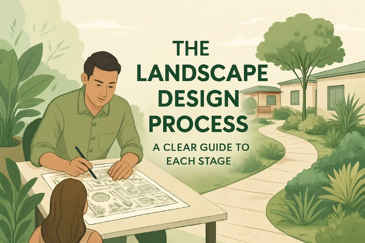 Illustration of the landscape design process showing a designer reviewing plans with a client alongside a finished tropical garden pathway — hero image for AurumScape’s guide to landscape design stages.