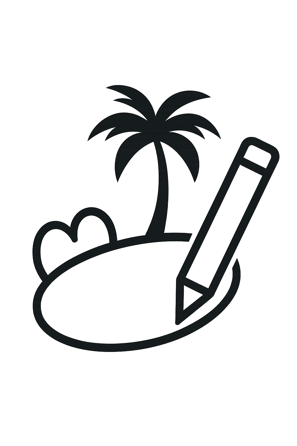 Landscape design and visualization icon featuring a tropical palm, island outline, and drafting pencil — representing AurumScape’s Design & Visualization process.