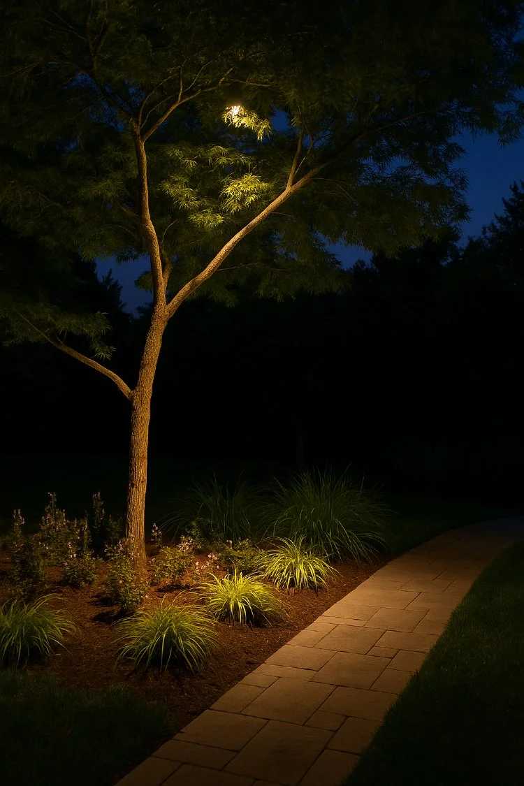 Soft downlighting mounted in a tree creating a natural moonlight effect over a garden bed and curved pathway.