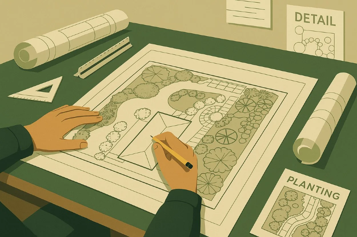 Final landscape design plan illustration showing a designer drafting detailed garden layouts, planting plans, and hardscape elements.
