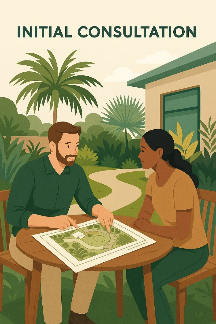 Illustration of an initial landscape design consultation showing designer and client reviewing a concept plan — AurumScape Jamaica landscape design process.