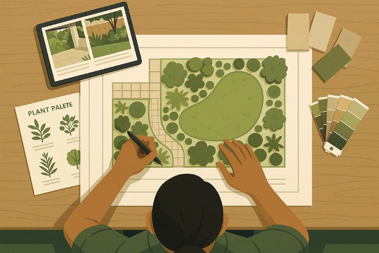 Flat-style illustration of a landscape designer reviewing a concept plan with plant palettes, material samples, and a tablet on a wooden desk.
