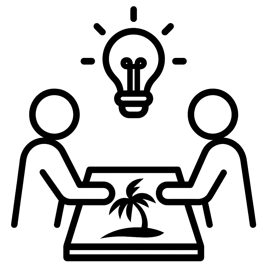 Landscape design consultation icon showing two people reviewing a garden plan with a lightbulb symbolizing creative ideas — AurumScape Consultation & Design process.