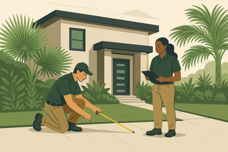 Landscape designers performing a site analysis and measuring a property during the landscape design process.