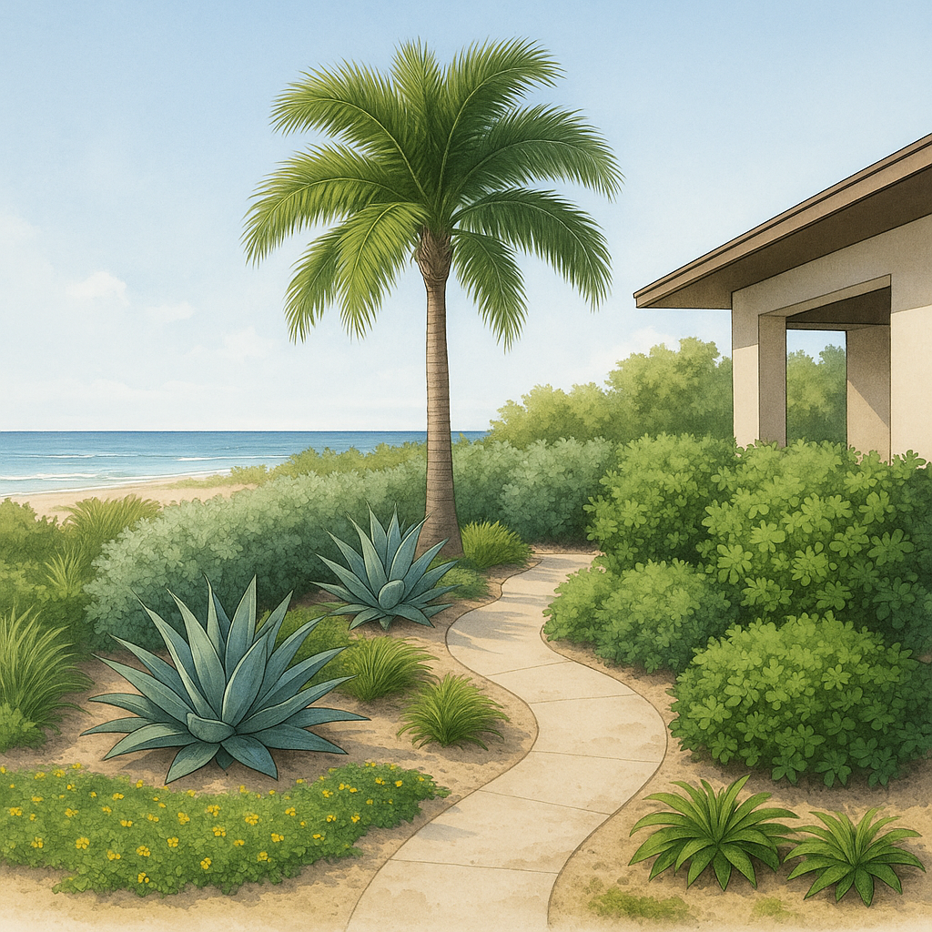 A coastal drought-tolerant garden design illustration featuring agave, foxtail palm, silver buttonwood, cocoplum, and perennial peanut along a sandy pathway beside