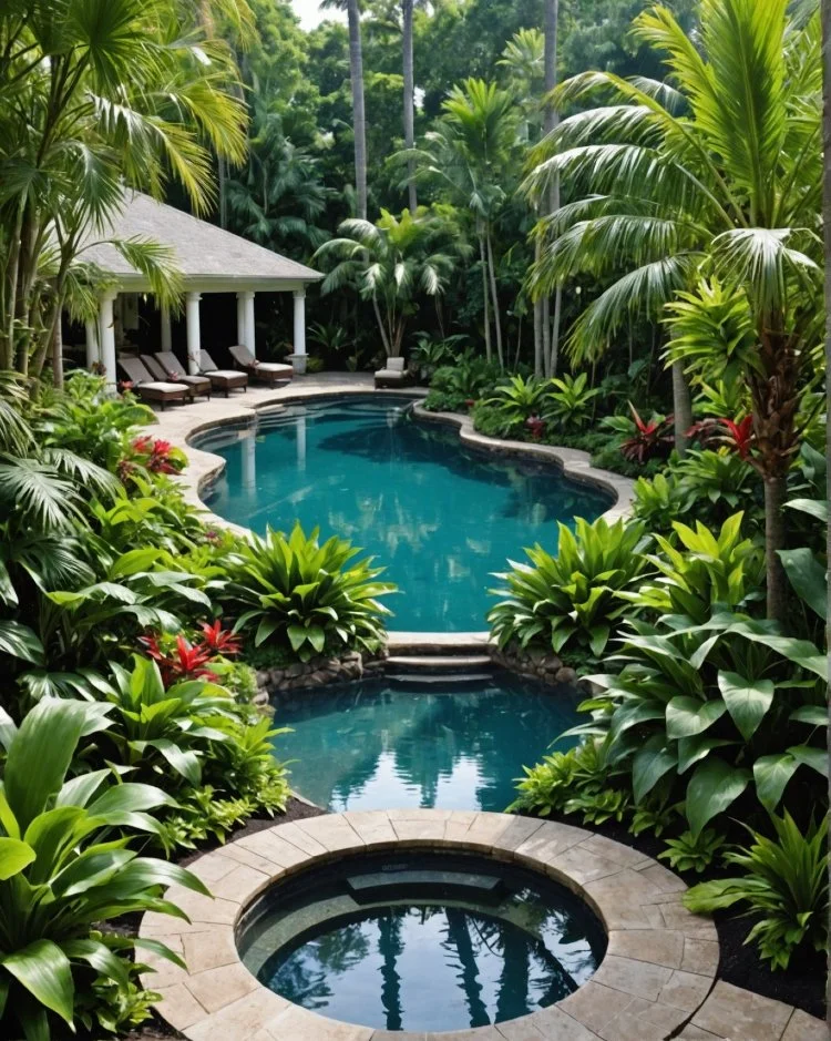 Tropical pool garden with lush green planting, palm trees, spa pool and curved stone paving beside a luxury outdoor pavilion.