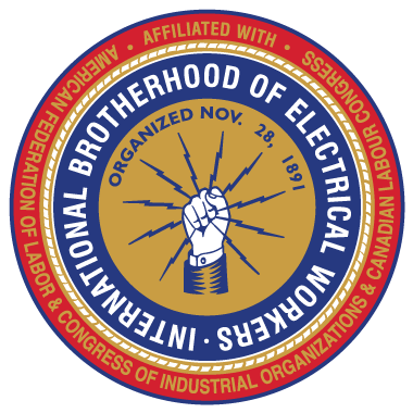 Seal of the International Brotherhood of Electrical Workers, featuring a clenched fist with lightning bolts, with text indicating organization details and dates.