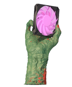 A green, textured, zombie-like hand holding a computer cooling fan with pink blades.