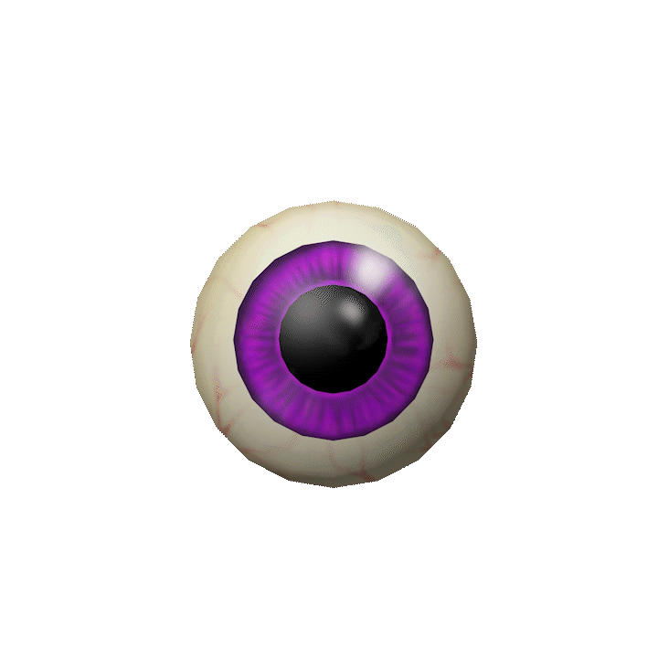 An animated creepy eyeball with a purple iris and black pupil, rotating on a black background.