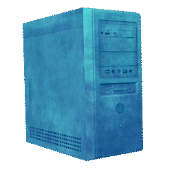 Blue computer tower case with front drive bays and ventilation grill