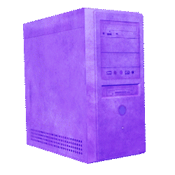 Purple computer tower with front-facing drive bays and power button