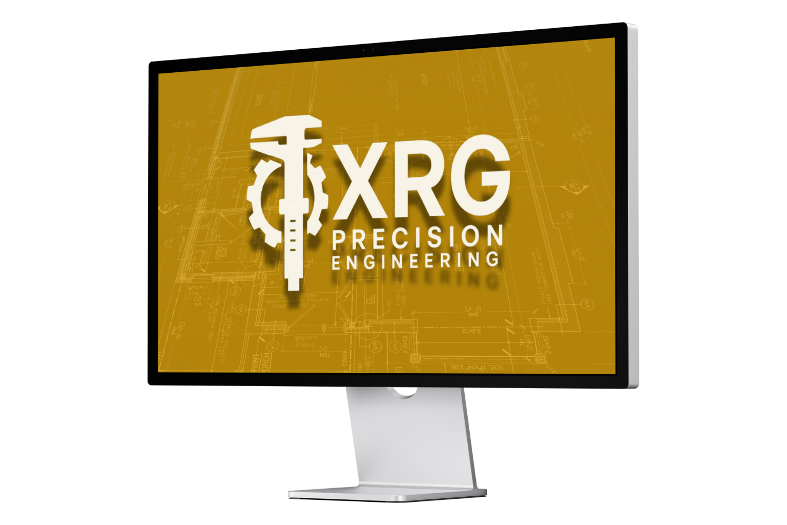 Computer monitor displaying a logo with a wrench and gear icon, the text 'XRG Precision Engineering', and a background with technical blueprints.