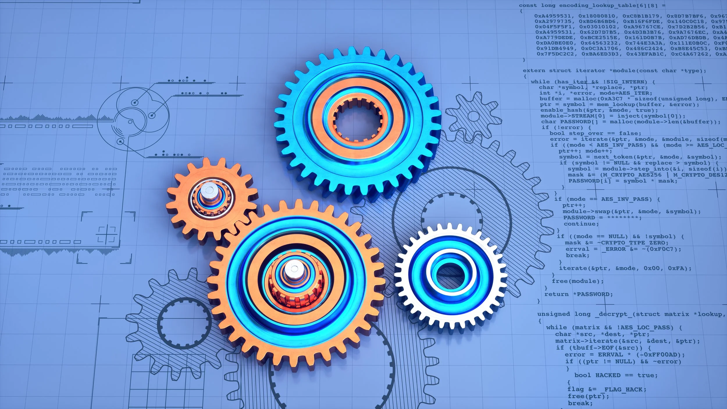Illustration of interconnected gears on blueprints with circuit board and coding elements in the background, symbolizing engineering and technology.