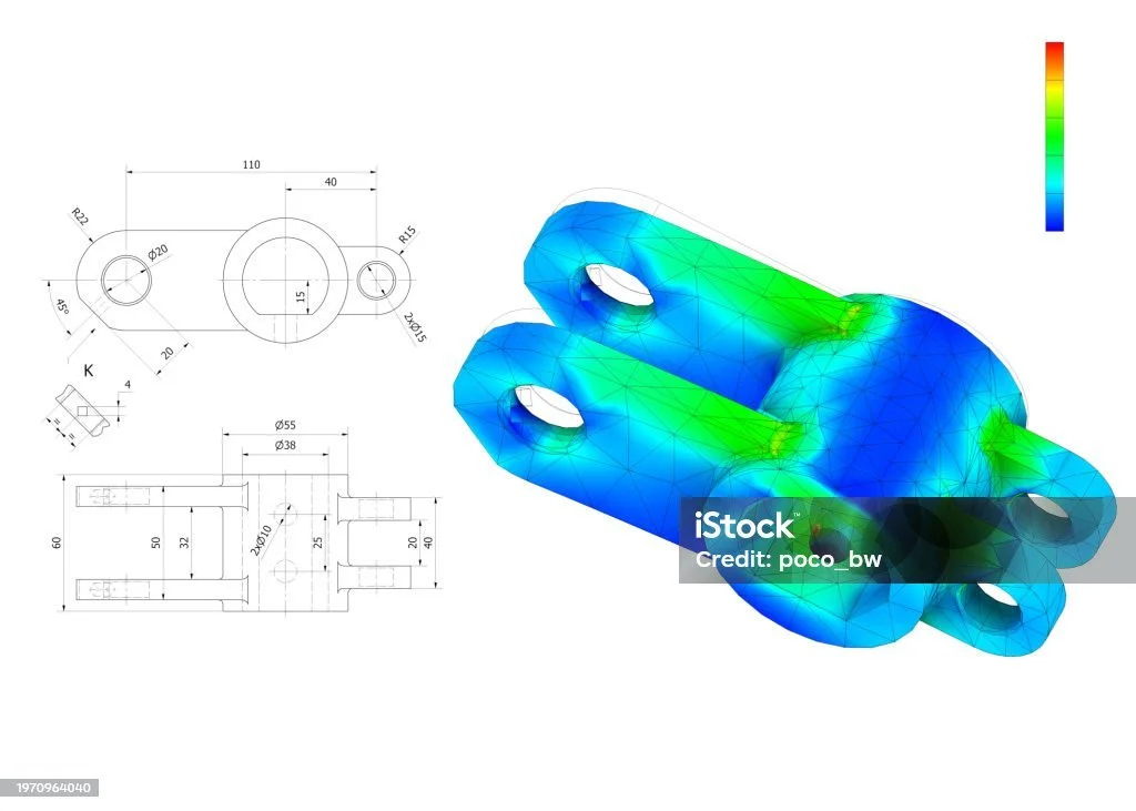 Technical engineering drawing and 3D simulation of a mechanical part with measurements, including a top view, side view, and color-coded stress analysis.