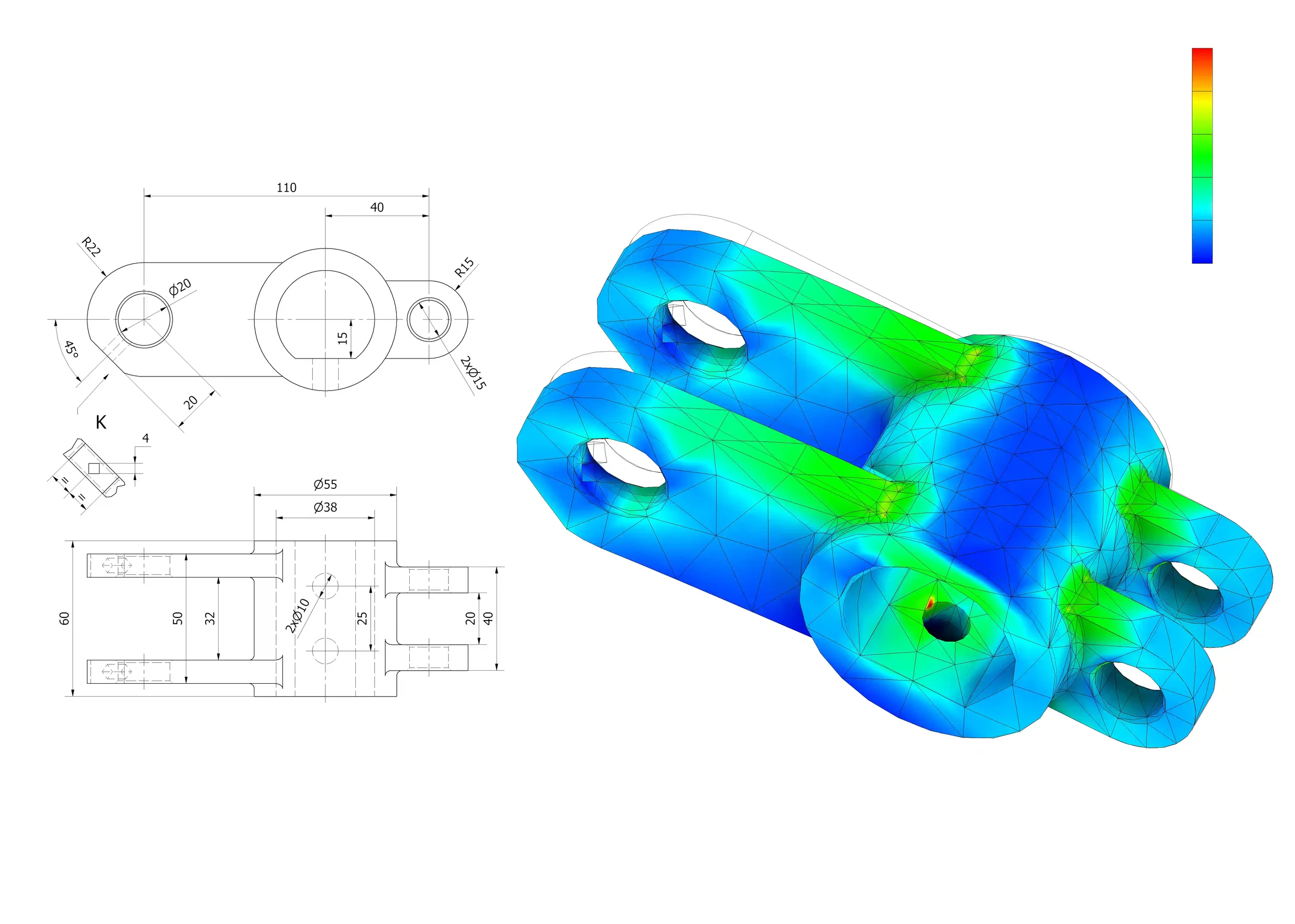 A technical engineering drawing of a mechanical part with multiple views, including dimensions and annotations, alongside a color-coded finite element analysis 3D model showing stress distribution on the part.