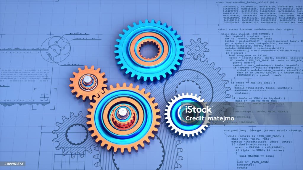 Digital illustration of interconnected colorful gears over a blueprint background with technical drawings and code.