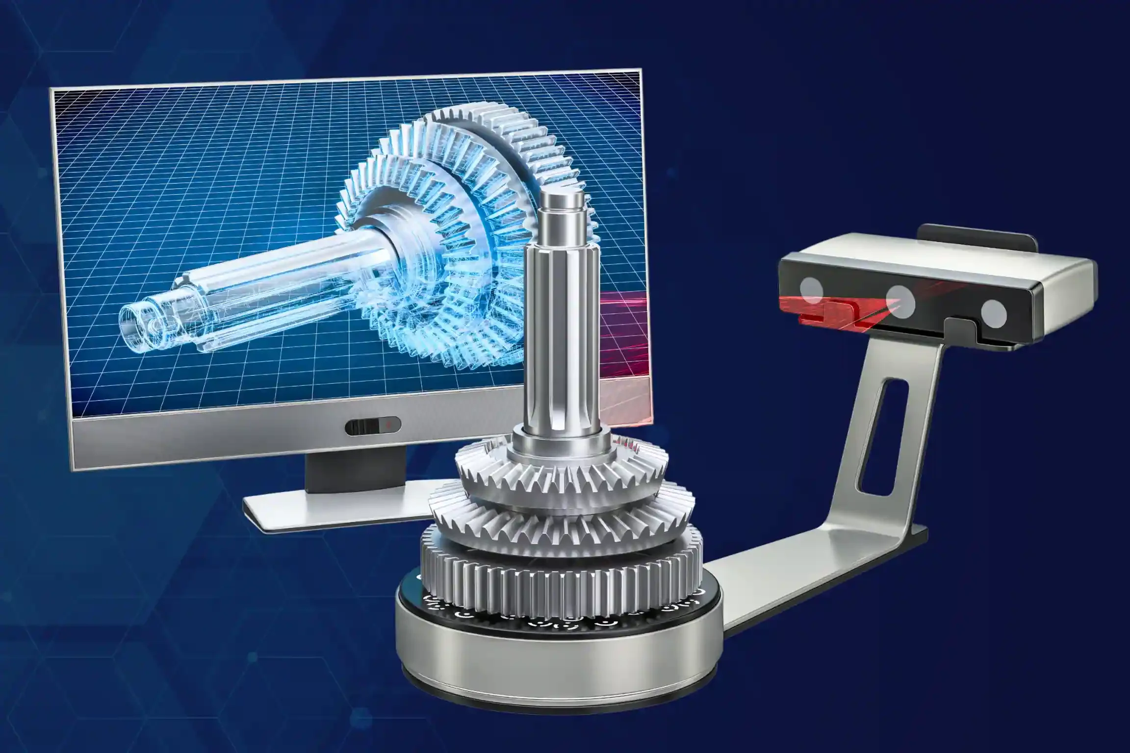 Digital illustration of gears, a computer monitor displaying a 3D model of a gear mechanism, and a laser sensor, representing engineering or manufacturing technology.