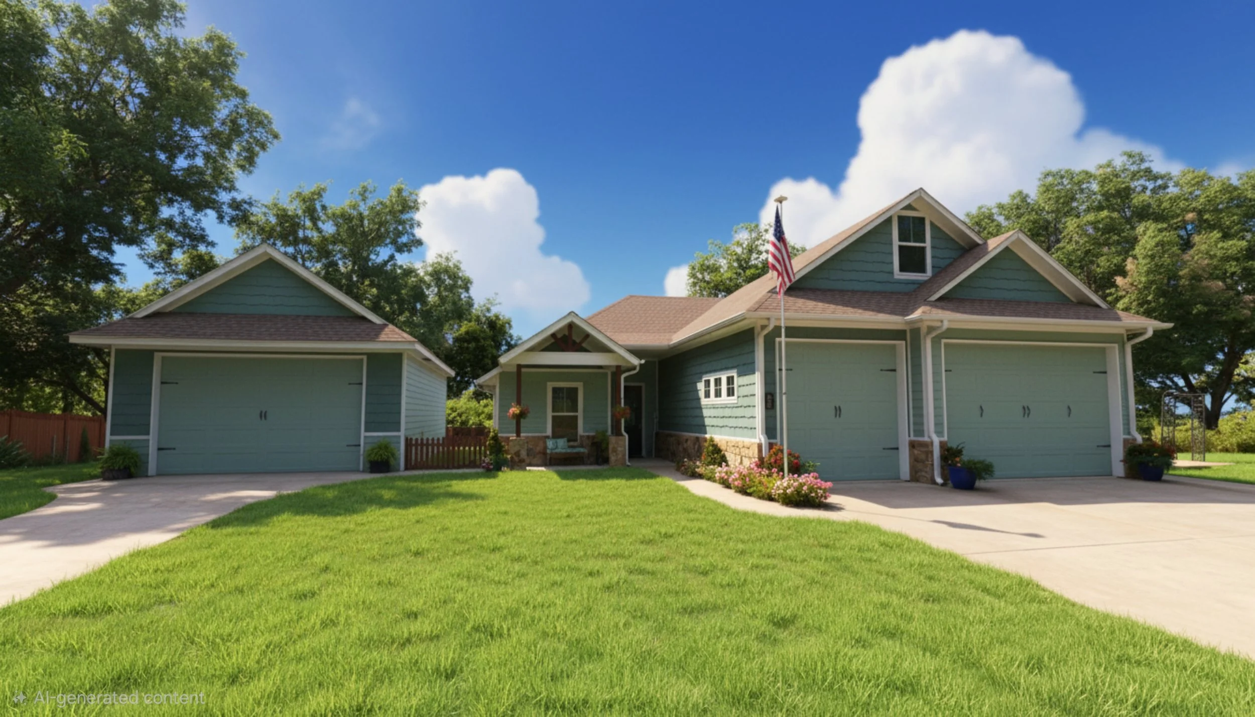 A two-story house painted in light blue with a brown roof, featuring two garages, a front porch with flowers, and an American flag on a pole, surrounded by green grass and trees under a partly cloudy blue sky.