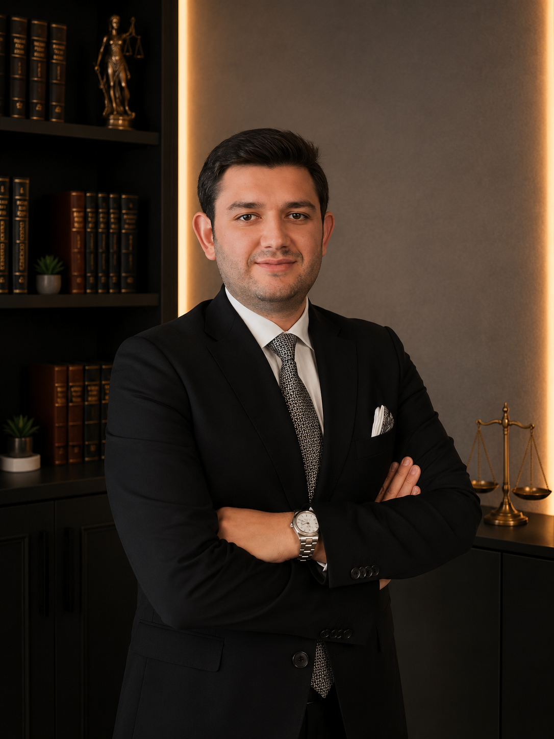 Ofis ortamında, profesyonel kıyafetli ve gülümseyen bir erkek. Arka planda kitaplık ve terazeler