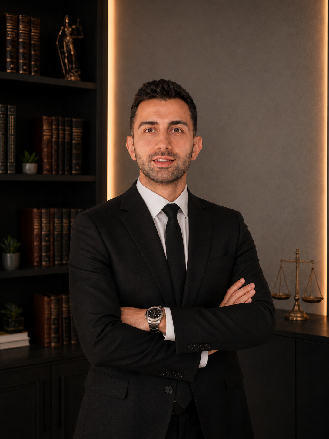 Kahverengi kitaplık ve ön planda gelmiş genç adam. Gri duvar kenarında, yanında terazi sembolü olan bir masa veya sehpa bulunmakta. Adam takım elbise giymiş ve kol saatini takmakta.
