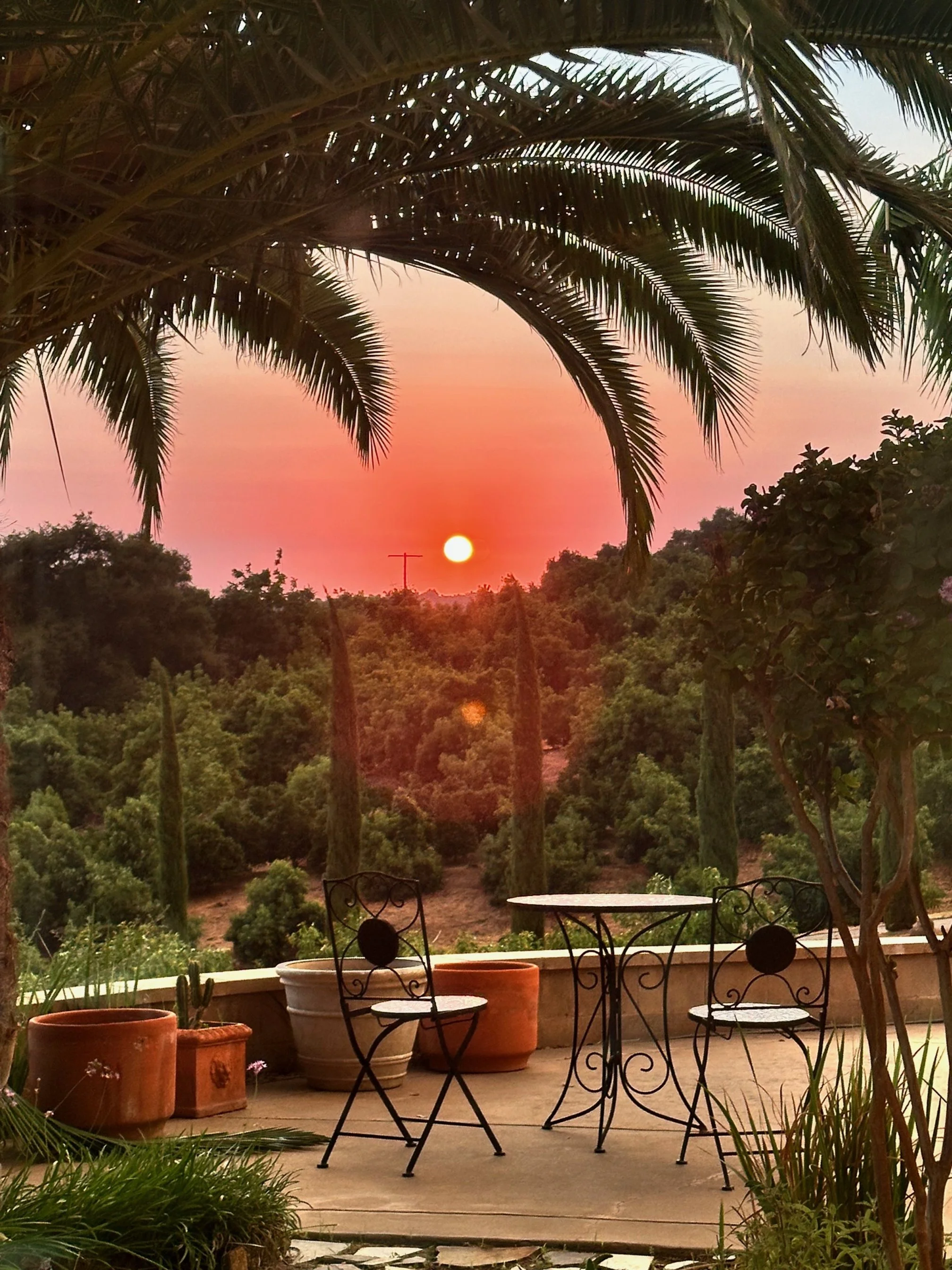 Sunset scene viewed from a patio with wrought iron table and chairs, surrounded by potted plants and tropical trees, with a lush green landscape in the background.