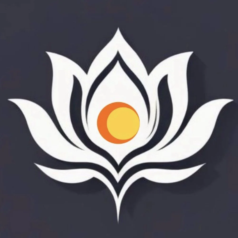 Stylized white lotus flower with a yellow and orange circle in the center against a dark background.