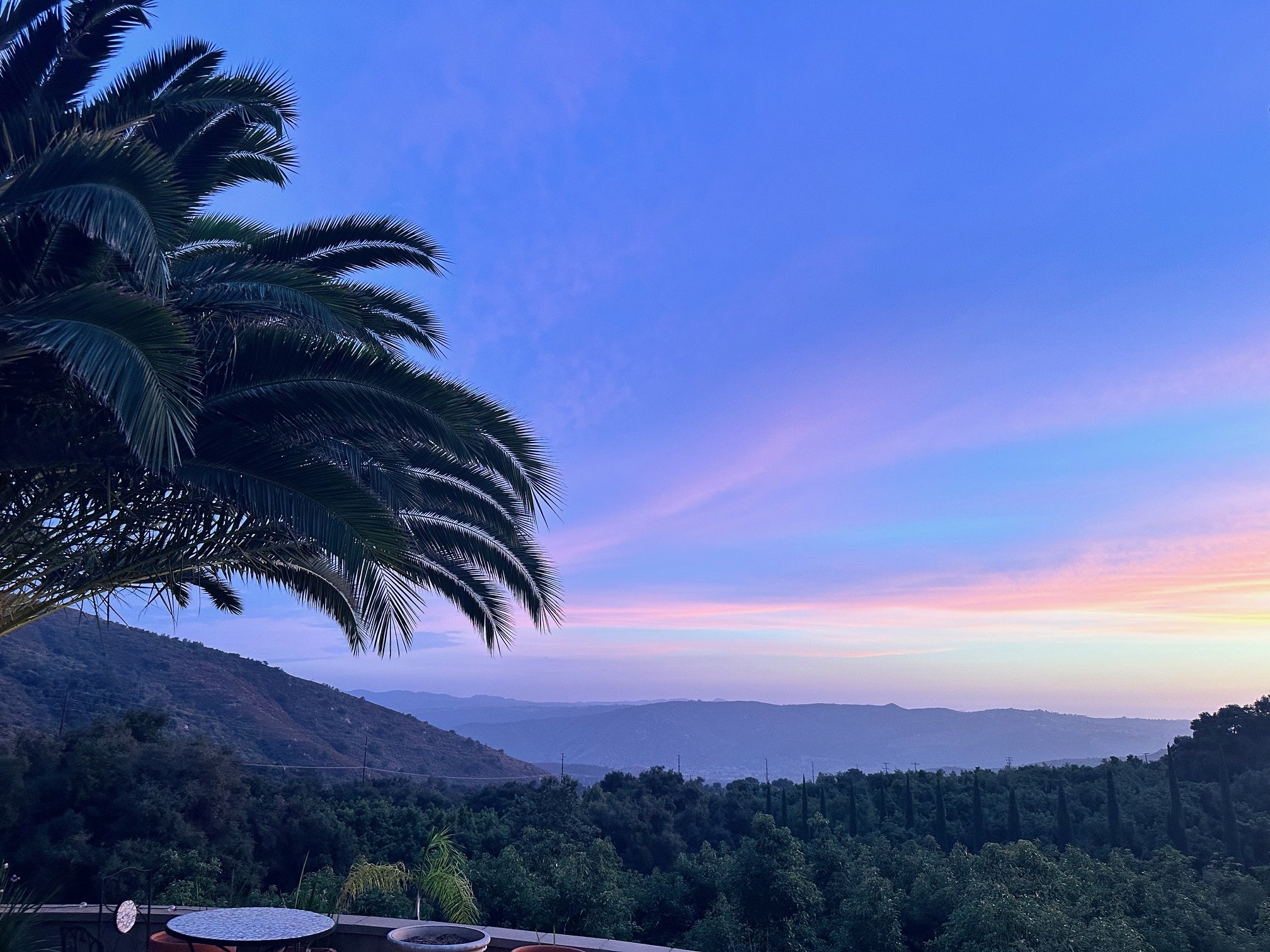 A scenic view from a balcony showing a large palm tree on the left, rolling green hills and mountains in the distance, and a colorful sky at sunset or sunrise with shades of blue, pink, and purple.