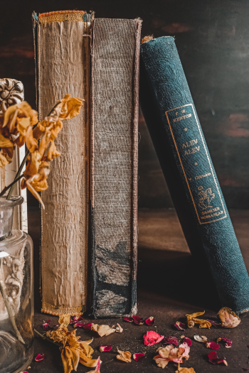 Three vintage books with worn covers are standing upright on a dark wooden surface next to a glass jar with dried flowers, surrounded by scattered dried flower petals.