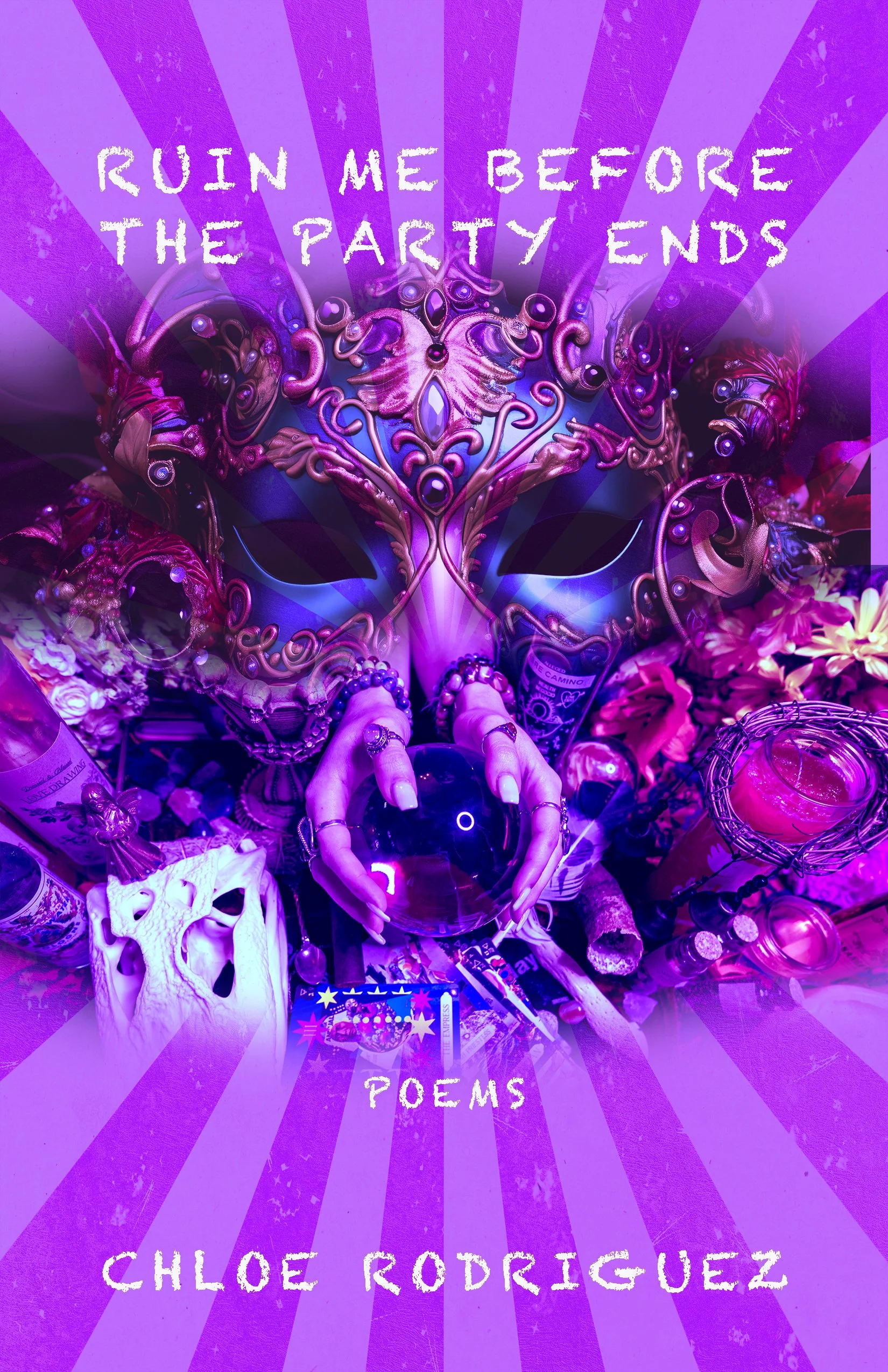 The cover of a book titled "Run Me Before the Party Ends" by Chloe Rodriguez. The cover features a purple and pink ornate masquerade mask surrounded by flowers and decorative objects, with a purple hue overlay.