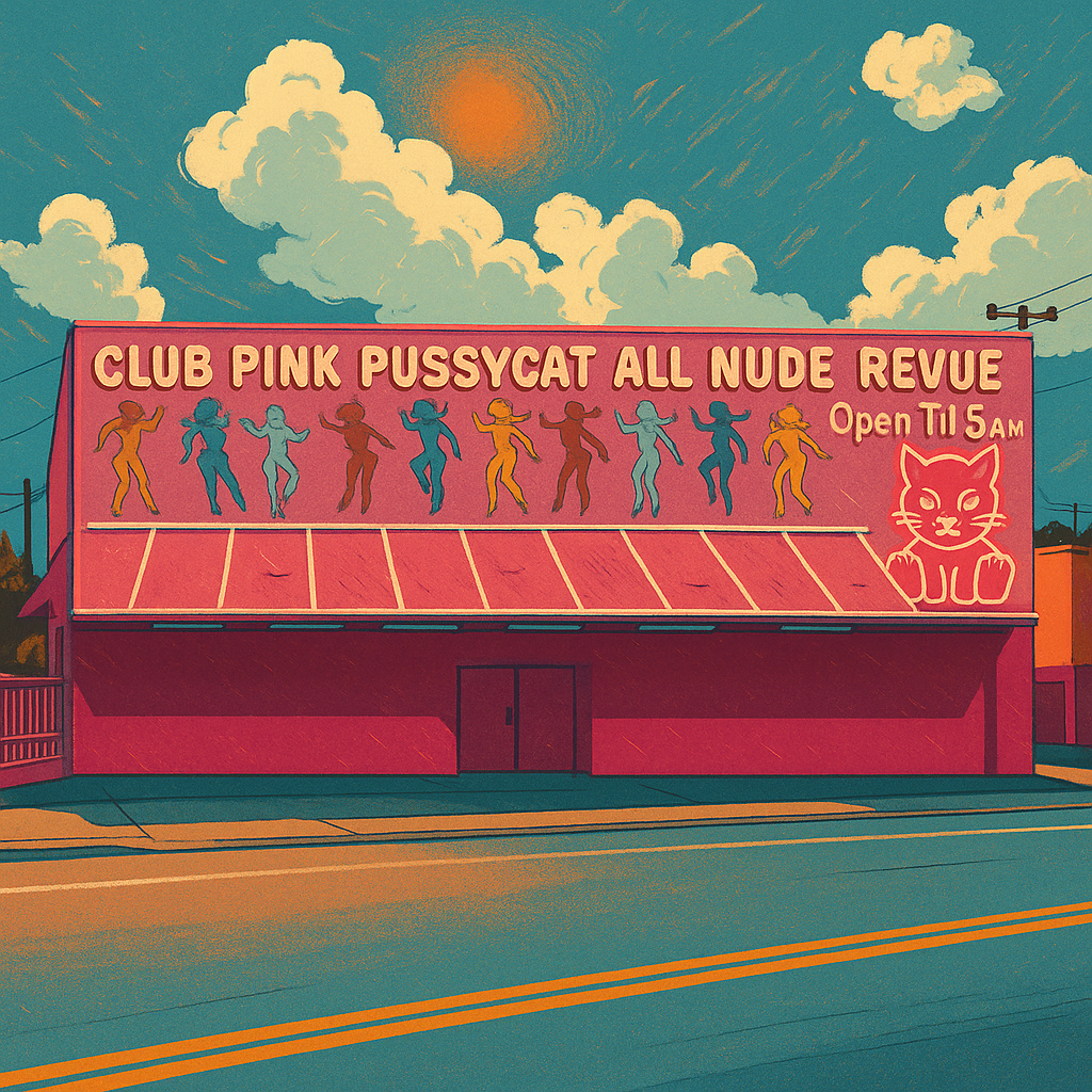 A pink building with a sign that reads 'CLUB PINK PUSSYCAT ALL NUDE REVUE,' showing silhouettes of dancing women and a neon-style cat face, with a sunny sky and clouds in the background.