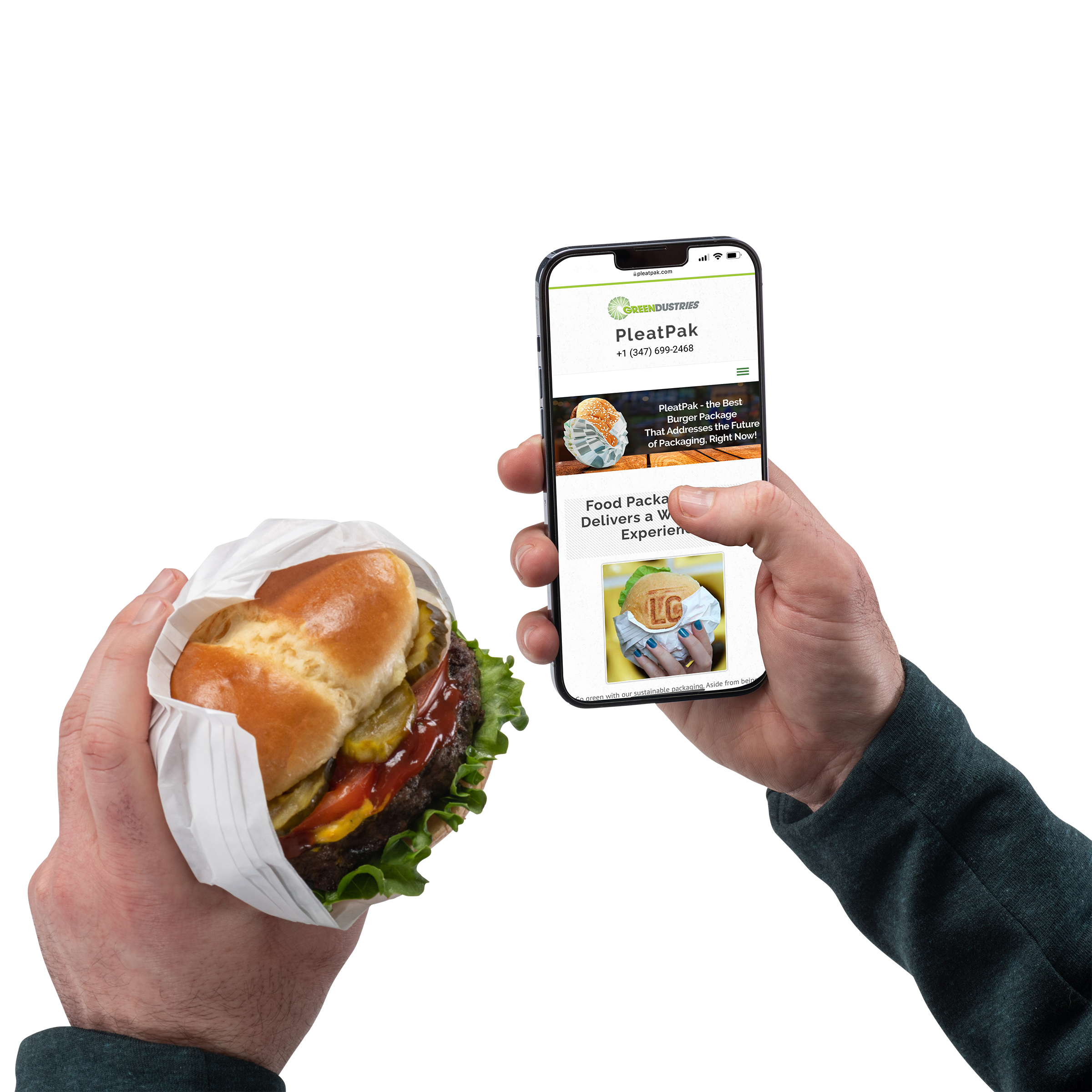 Person holding a smartphone displaying a food packaging website with an image of a burger, alongside a person holding a burger wrapped in paper.
