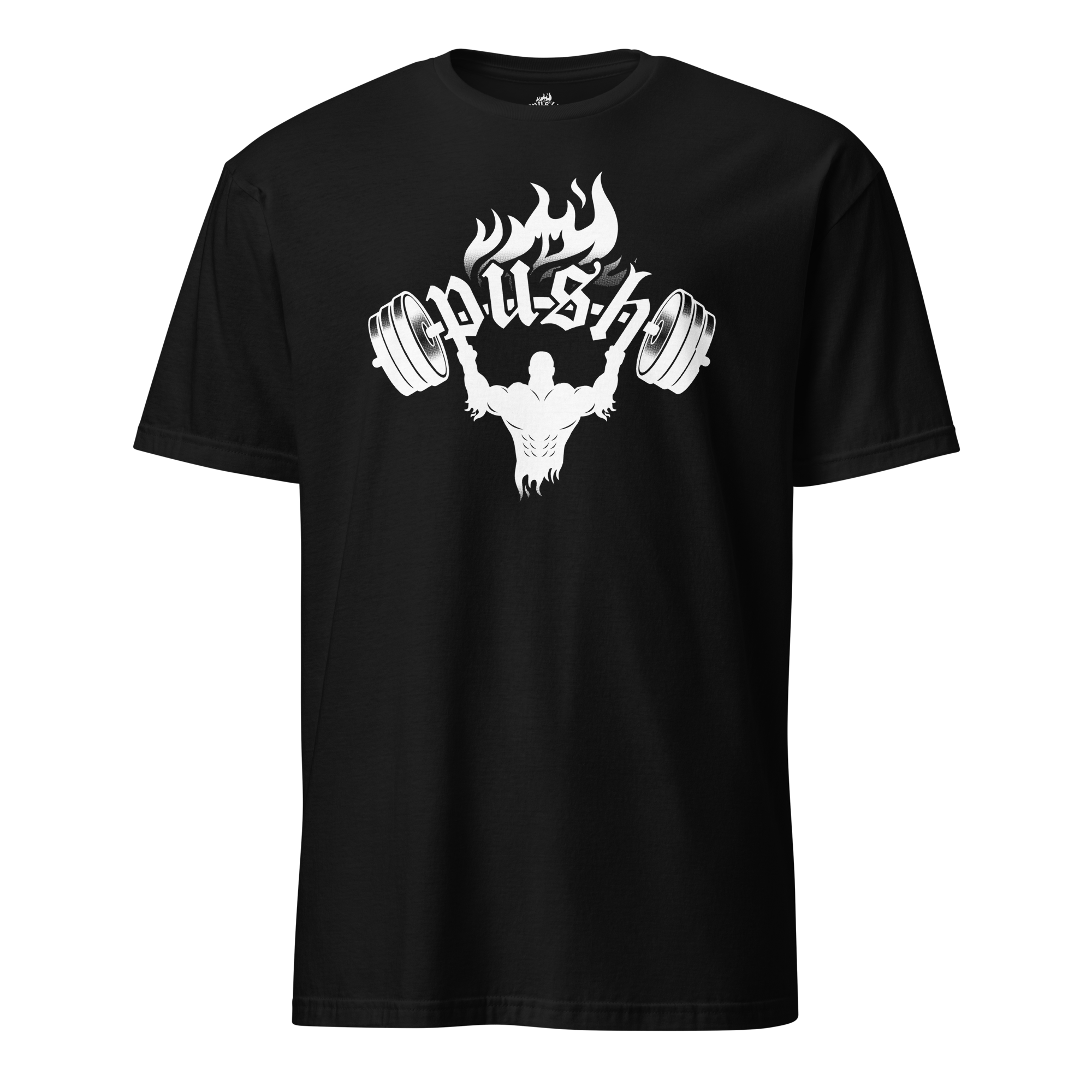Black T-shirt with a graphic design of a muscular person lifting weights, with flames and the word 'PUSH' in the center.