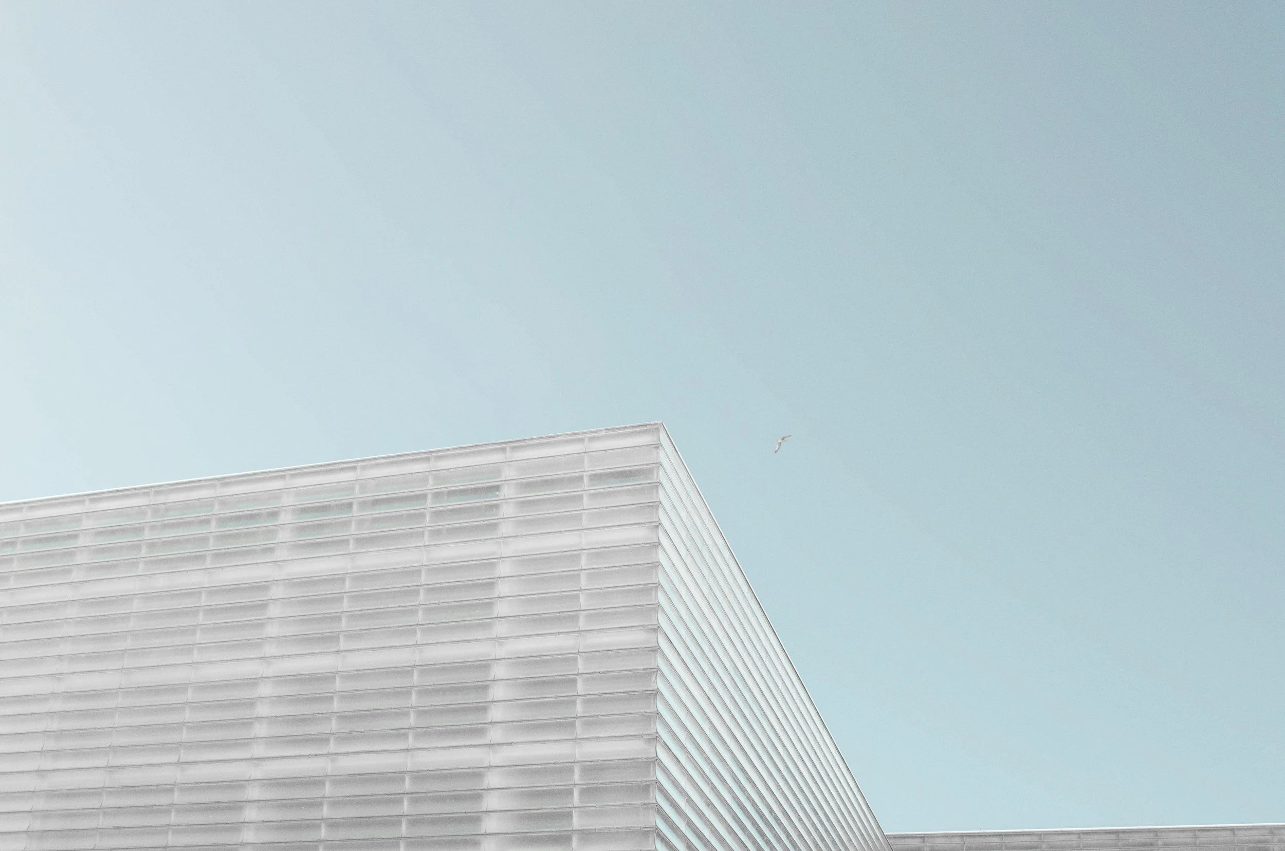 A modern building with a grid-like facade against a clear blue sky, with a bird flying nearby.
