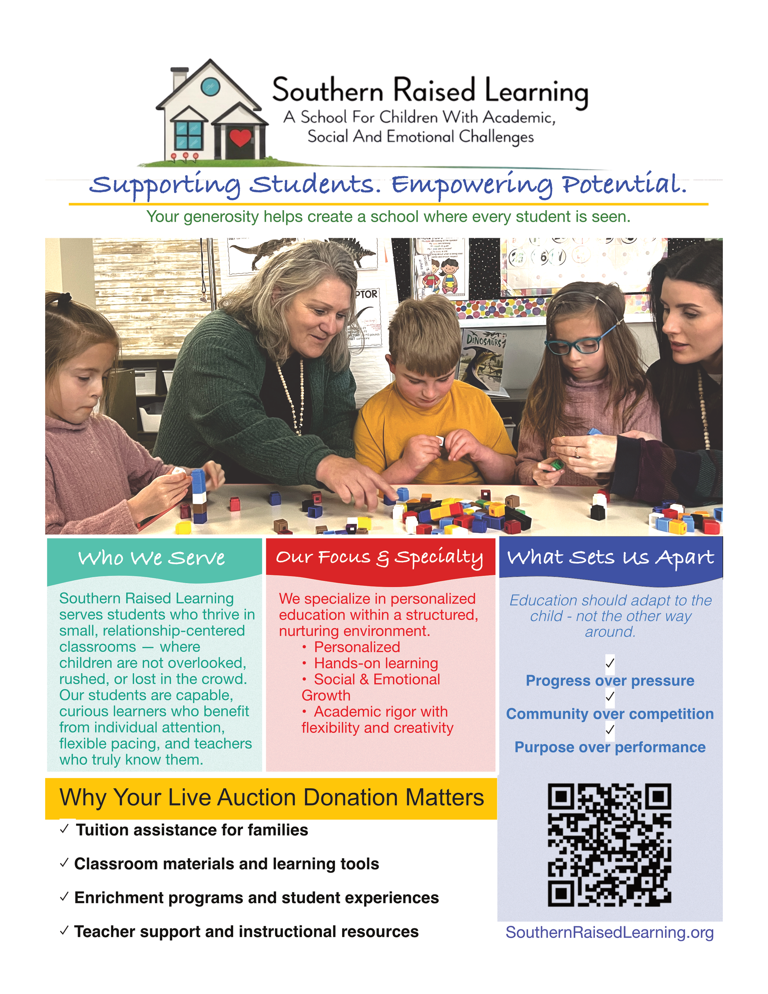 Flyer for Southern Raised Learning, a school for children with academic, social, and emotional challenges, featuring an image of teachers working with students at a table, and sections highlighting the school's mission, focus, and fundraising information.