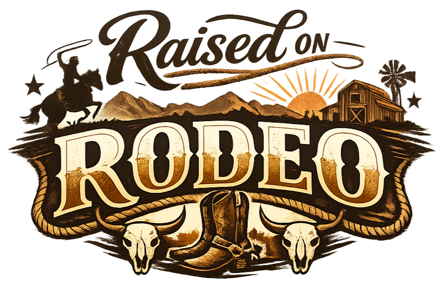 Booth or sign for a rodeo event in a Western theme with mountains, a barn, a cowboy silhouette, cow skulls, a cowboy hat, and a sunset.