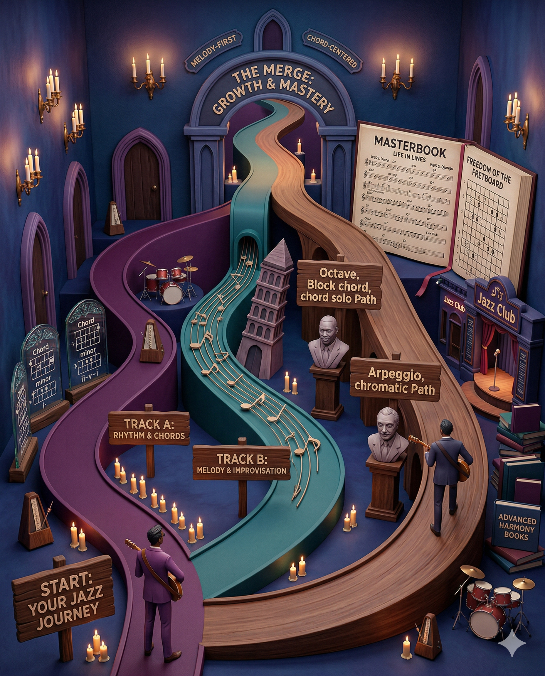 Decorative illustration of a winding wooden and purple path representing a jazz journey, with signs for different paths like rhythm, melody, chromatic, and solo paths. It features musical notes, jazz instruments, sheet music, a jazz club, and statues of musicians, with candles and books about harmony and jazz history.