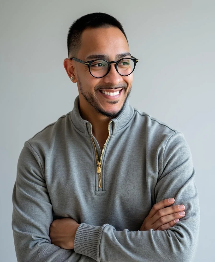 A smiling person with glasses and earrings, wearing a gray zip-up jacket, standing against a plain light-colored background.