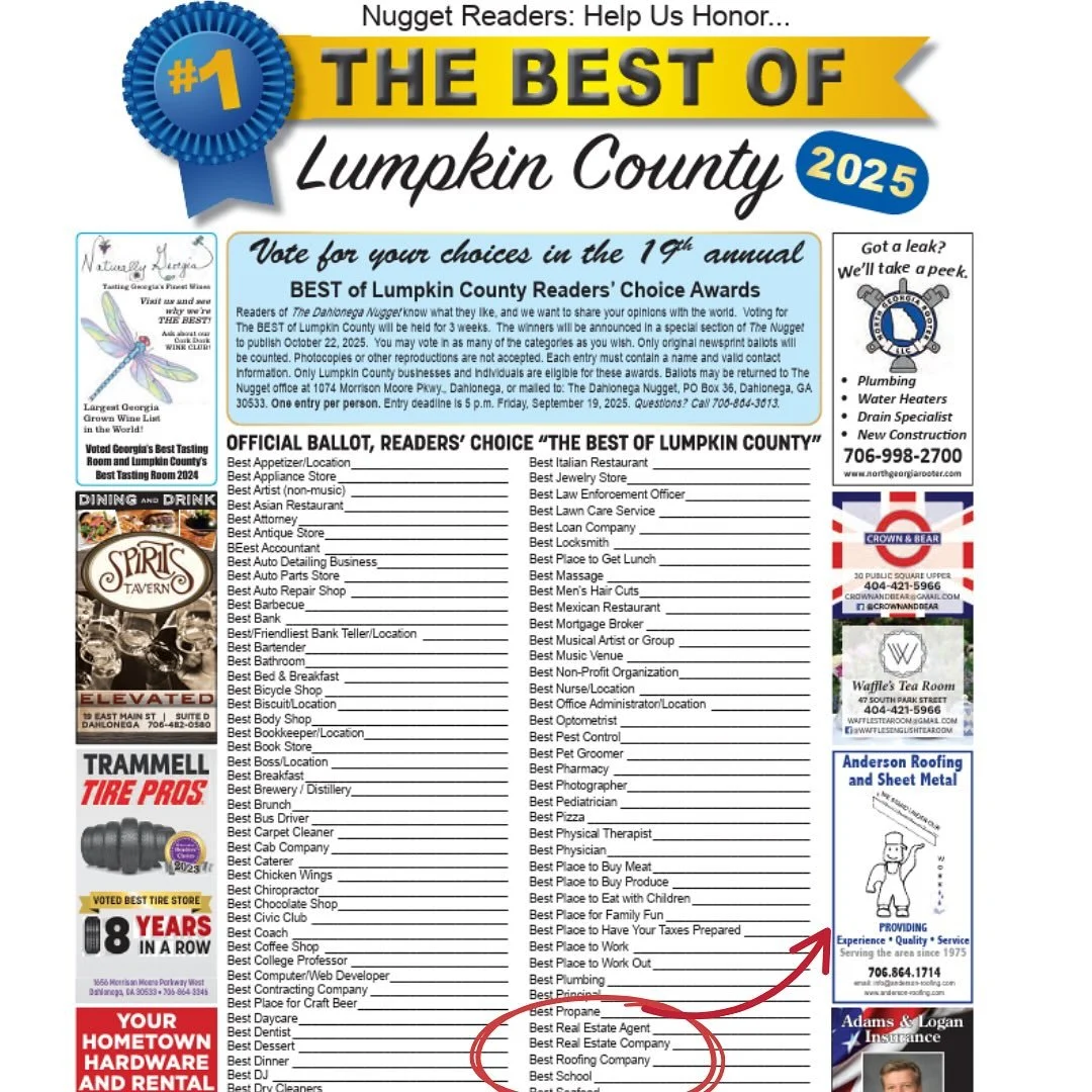 👀👀👀It’s that time again! Check your paper because @thedahloneganugget is having their 19th annual “Best of Lumpkin” contest, and we would love to be considered as you cast your vote for Best Roofing Company! ✅✅✅
#Dahlonega #best