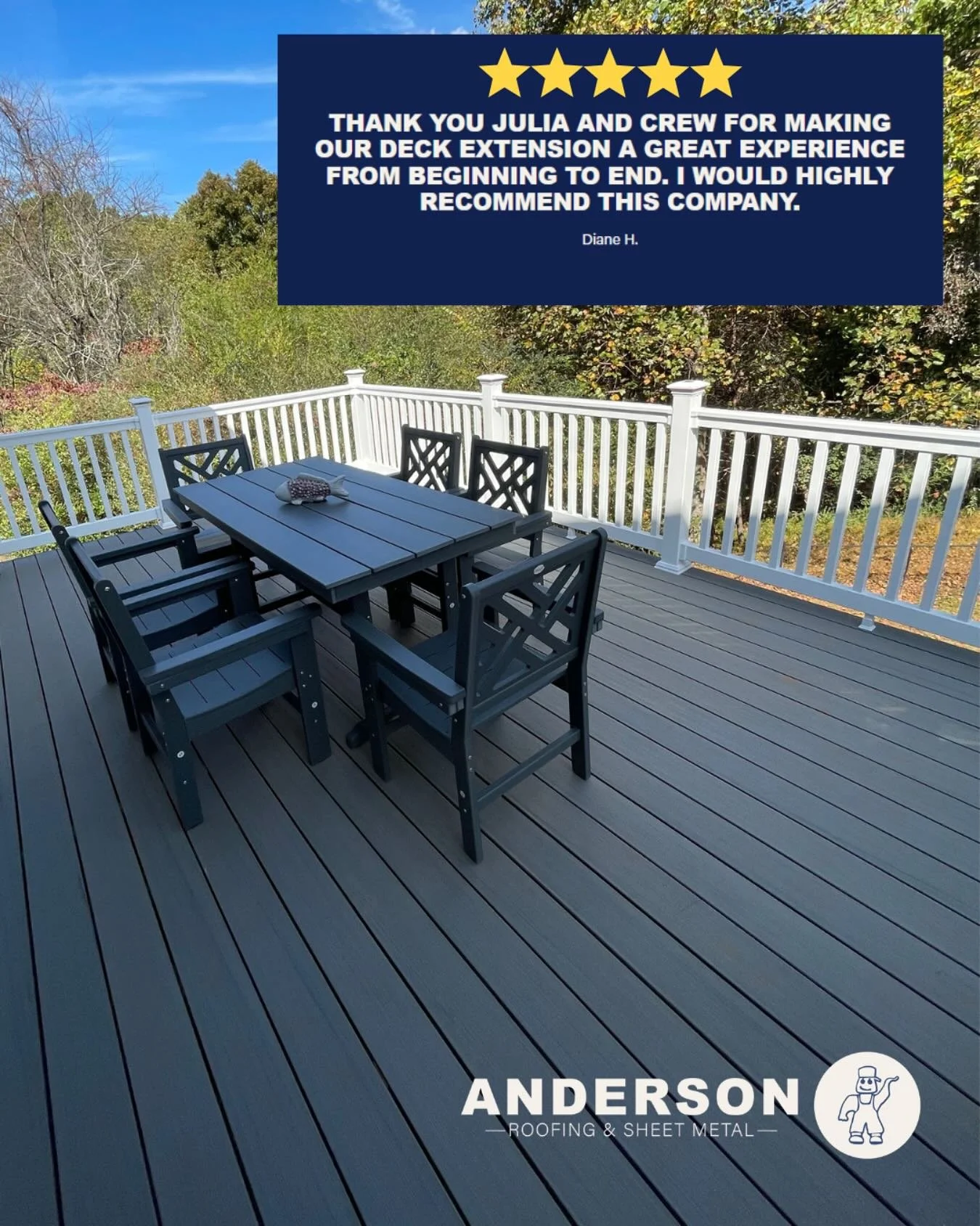 😮😮Say what?!? A Deck?!?! 🫨
Oh yeah we do those too! We know our name is Anderson Roofing & Sheet Metal, and while we certainly have you covered on the roofing side of things, we ALSO do decks, siding, pole barns, and other exterior renovation