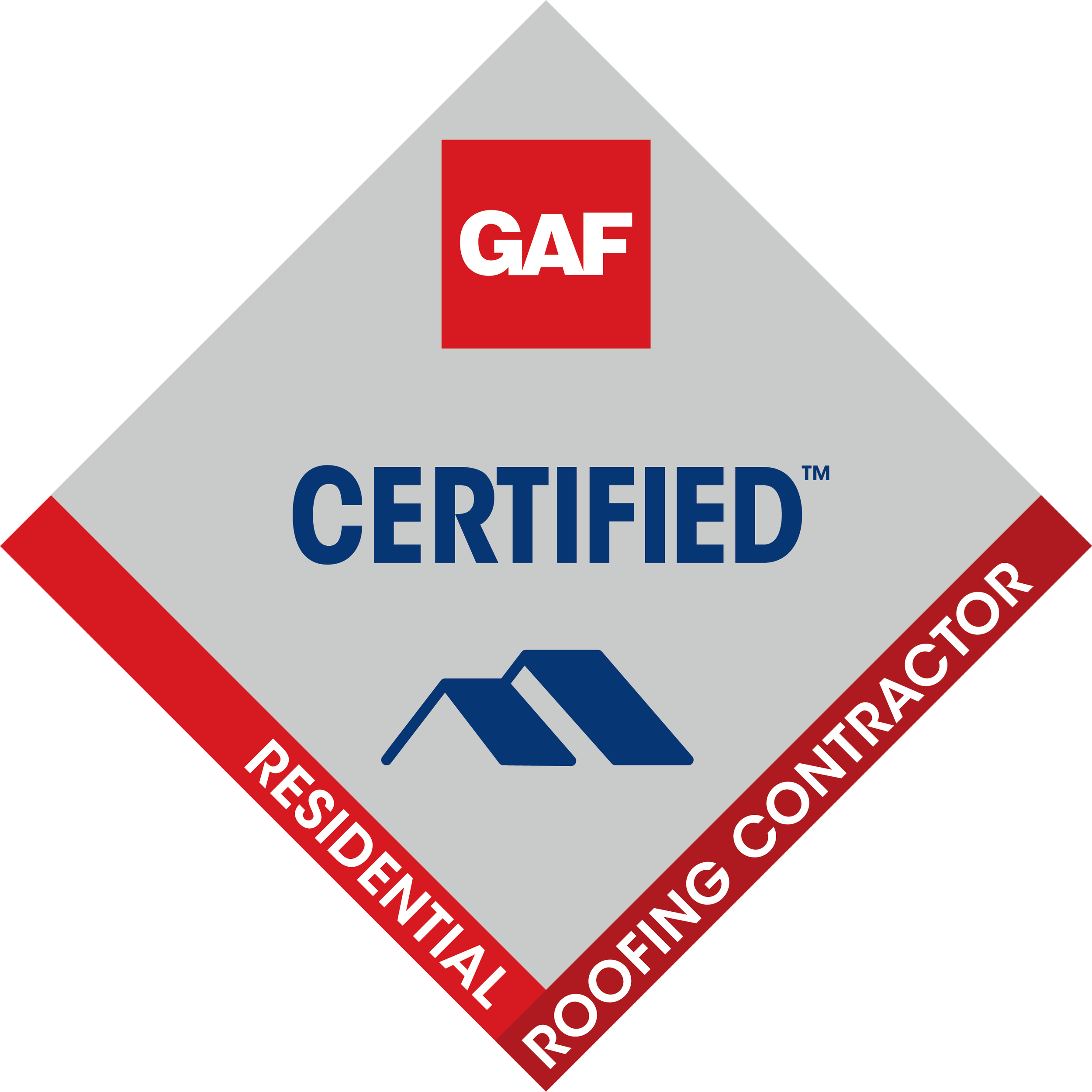 GAF Certified Residential Roofing Contractor certification badge with a gray background, red and blue text, and a roof icon.
