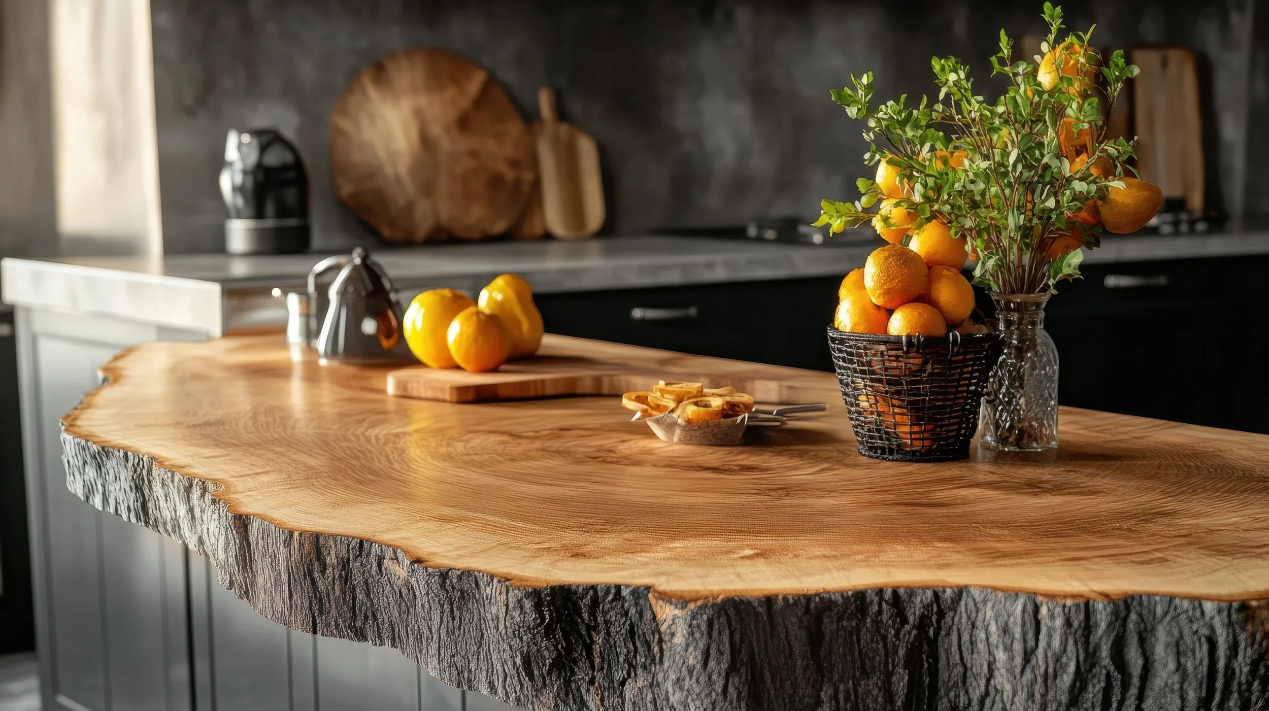 A rustic kitchen countertop made of wood with a live edge, decorated with a vase of oranges and greenery, with a small bowl of orange slices, set against a dark kitchen background with cutting boards and appliances.