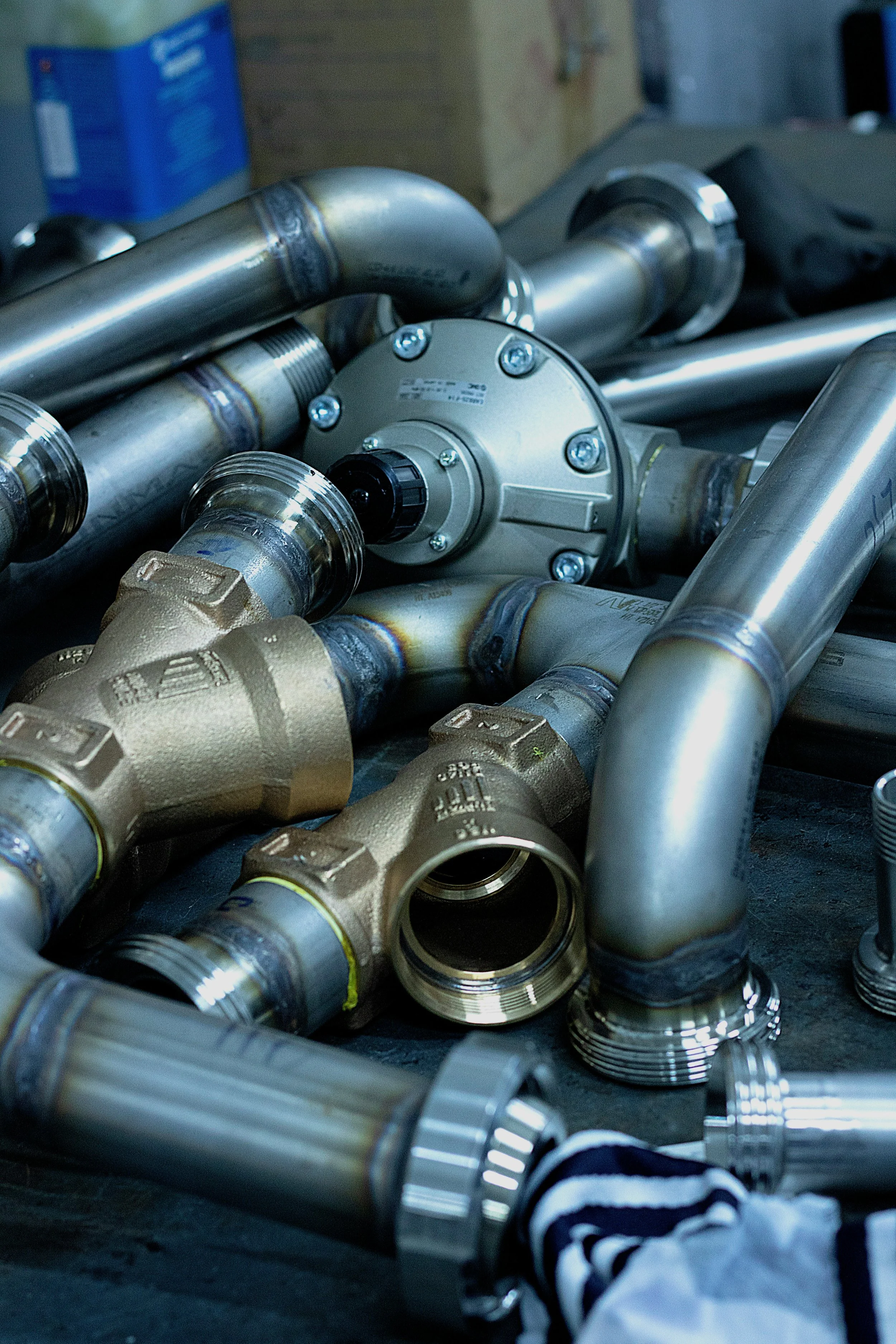 Assorted metal pipes and fittings on a work surface, some with threaded ends and a circular metallic component with bolts.