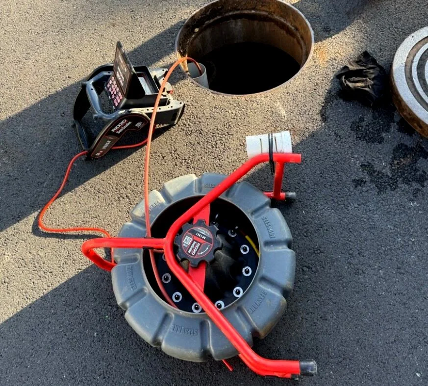 Grantham Group manhole cover with equipment on an asphalt surface, including a gas tester, a small portable radio, and a floating device with red handles.