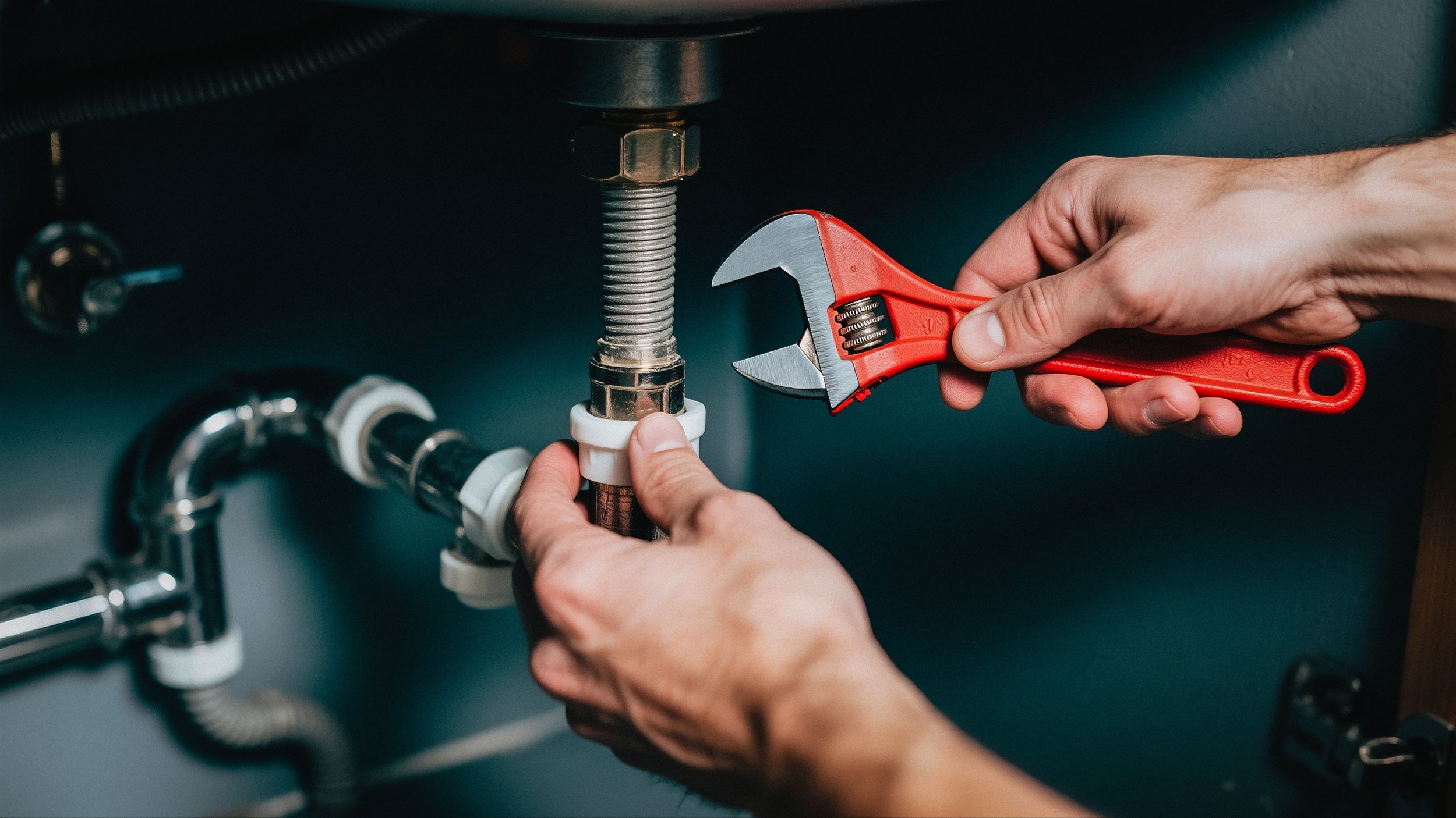 Person using a red adjustable wrench to work on plumbing under a sink.