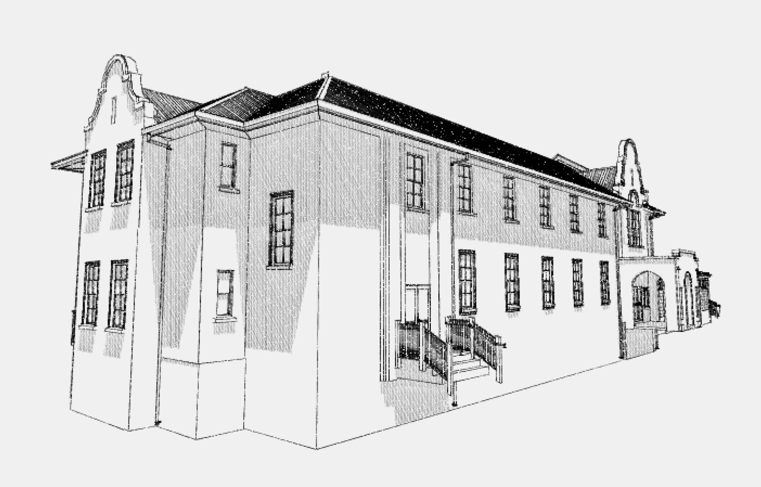 Line drawing of a large, multi-story suburban house with multiple windows and a staircase at the front entrance. Grantham Group Project